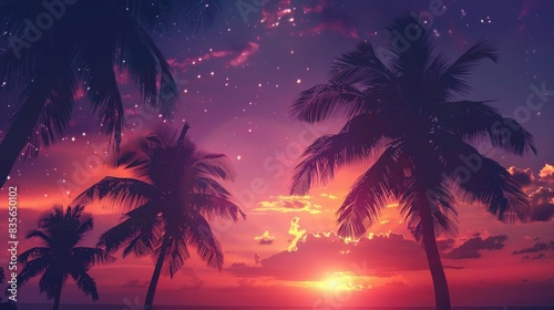 Night landscape with stars, sunset, stars. Silhouette coconut palm trees Vintage tone. Lights of the night city, neon, coast © Ammar