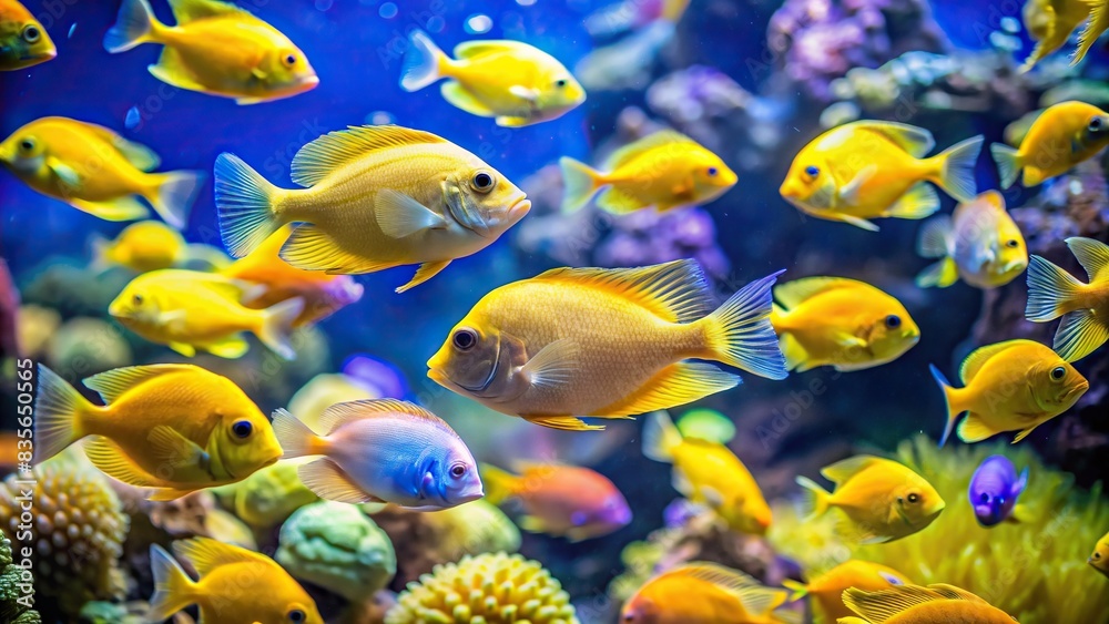 Yellow and light blue fish swimming in a vibrant aquarium , aquarium ...