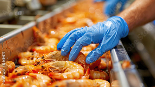 Quality inspection of farmed shrimp on a conveyor of a shellfish and pranws production plant photo