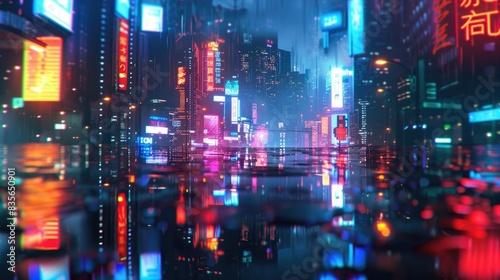 Night neon city  view from above. Night lights of signboards  reflection in the water. Abstract city. 3D illustration