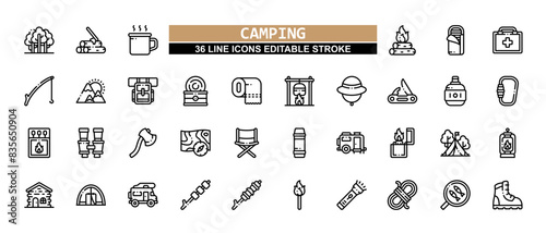 36 Camping Line Icons Set Pack Editable Stroke Vector Illustration.