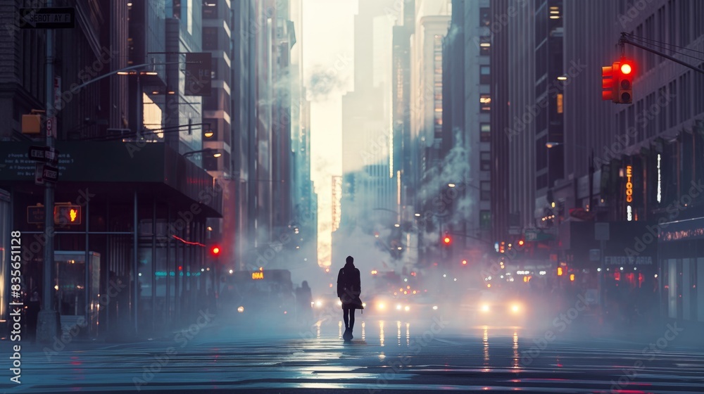 A single person walking through a foggy city street at dusk.