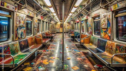 Empty subway train car with graffiti-covered walls and litter scattered on the floor, subway, train, teenager, street photography, urban, transportation, empty, graffiti, urban decay photo