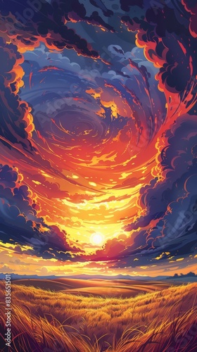 A minimalist illustration showcasing the beauty of a golden sunset against a backdrop of stormy weather. The dramatic sky is filled with swirling clouds, tinged with fiery colors as the sun dips