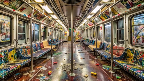 Empty subway train car with graffiti-covered walls and litter scattered on the floor, subway, train, teenager, street photography, urban, transportation, empty, graffiti, urban decay photo