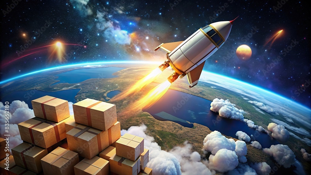Rocket Delivery Posts A futuristic stock photo of a rocket flying through space, delivering ...