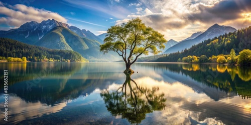 A serene image of a tree on a tranquil lake with surrounding mountains in the background , nature, landscape, water, reflection, peaceful, serene, beauty, scenic, outdoors, wilderness