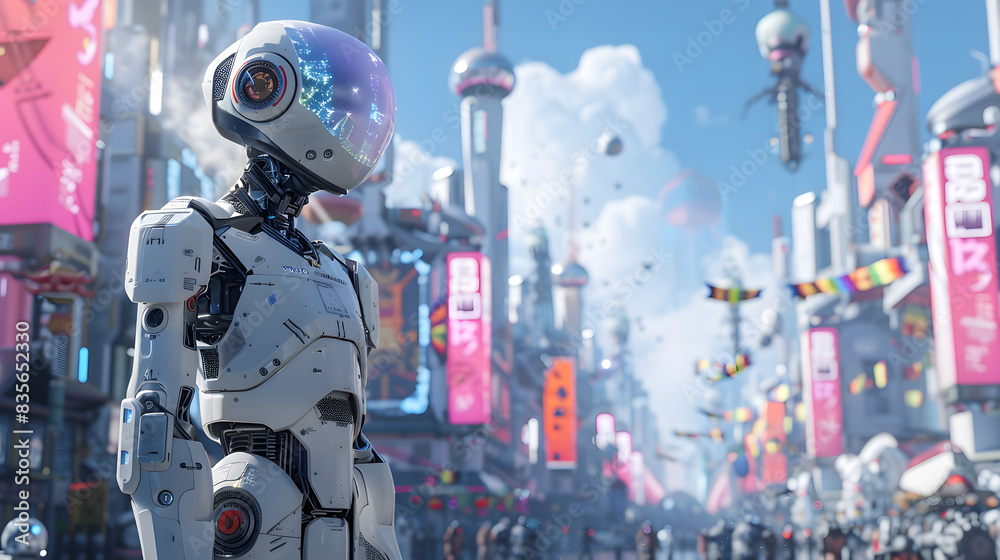 Futuristic Robot in High-Tech Urban Street Futuristic Robot in High-Tech Urban Street