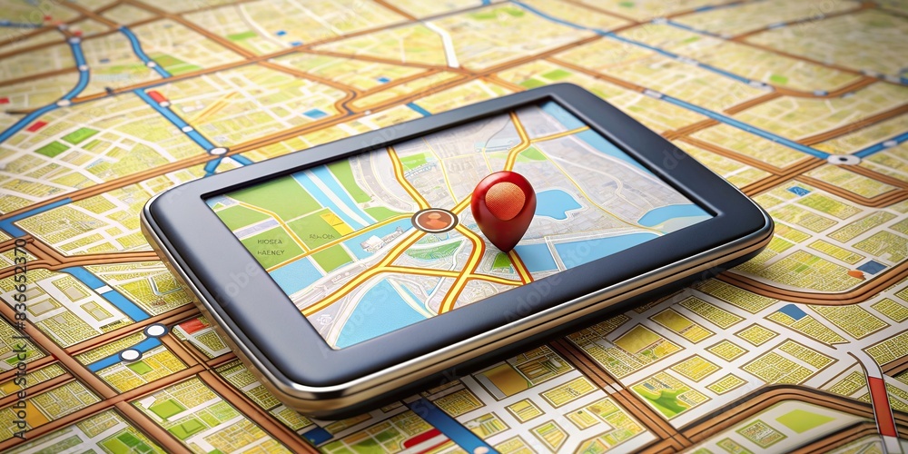 Gps Routing GPS navigator on a digital map with route highlighted, navigation ...