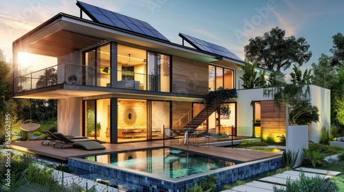 Night view of a beautiful modern house with solar panels and a swimming pool