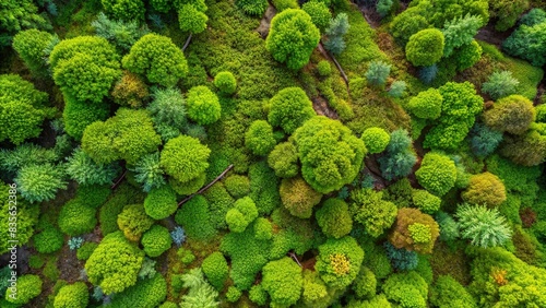 Aerial view of a lush forest floor, filled with vibrant moss and twigs, perfect for nature backgrounds or environmental concepts, forest, ground, moss, twigs, green, nature, environment photo