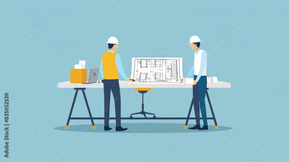 A flat design depiction of an architect and construction manager ...