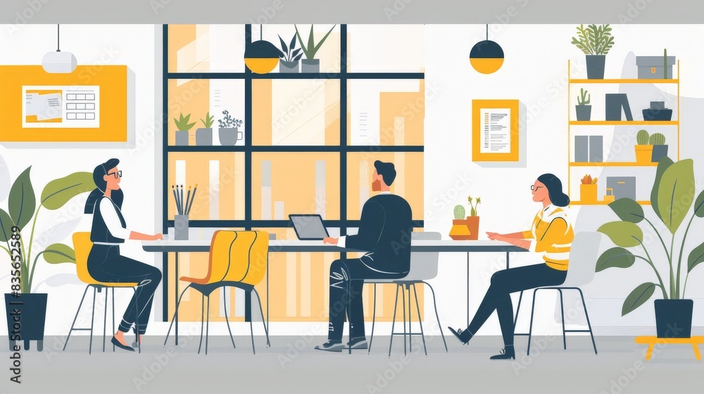 A flat design illustration of an architect presenting a new building design to clients in an office setting. The minimalist background highlights the client-focused approach and presentation skills A flat design illustration of an architect presenting a new building design to clients in an office setting. The minimalist background highlights the client-focused approach and presentation skills