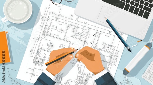 A flat design depiction of an architect reviewing and marking up blueprints with a pencil. The minimalist background focuses on the meticulous attention to detail necessary in architectural planning photo