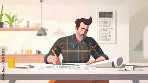 A flat design depiction of an architect reviewing and marking up blueprints with a pencil. The minimalist background focuses on the meticulous attention to detail necessary in architectural planning photo