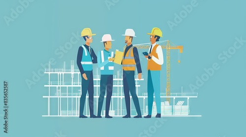 An illustration in 2D flat style showing a construction manager coordinating with subcontractors and suppliers at a site. The minimalist design focuses on the logistical and organizational aspects of photo