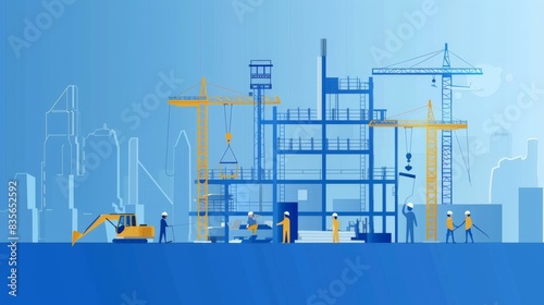 An illustration in 2D flat style showing a construction manager coordinating with subcontractors and suppliers at a site. The minimalist design focuses on the logistical and organizational aspects of photo