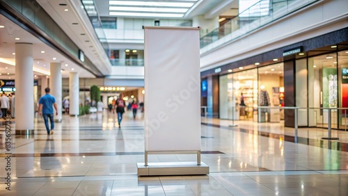 White roll up mockup poster stand in a shopping center , advertising, display, blank, indoor, marketing, promotion, retail, exhibition, empty, store, banner, presentation, template, showcase photo