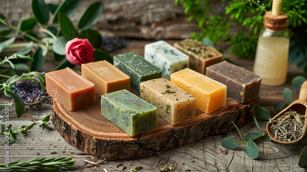 Assorted solid shampoo bars placed on a rustic wooden surface, with aromatic plants and diffused lighting enhancing the spa ambiance Assorted solid shampoo bars placed on a rustic wooden surface, with aromatic plants and diffused lighting enhancing the spa ambiance