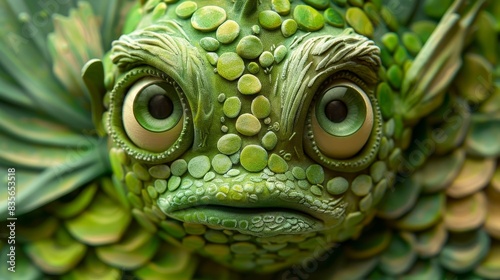 Artistic close-up of a green play dough fish with textured scales and expressive eyes, top view photo