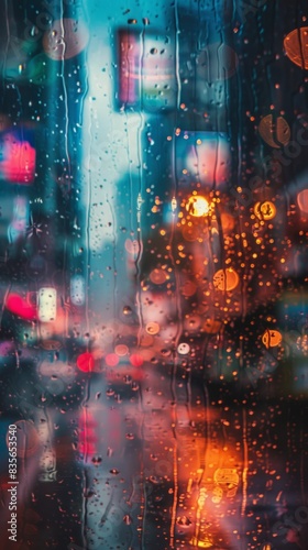 A blurry image of a city street with raindrops on the window