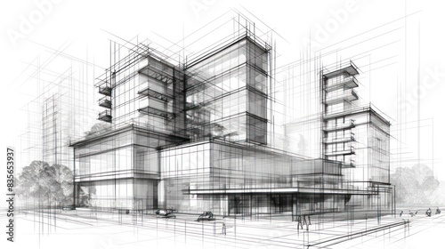 Sketch design and drafting of wireframe building. 3d illustration, Digital project visualization.
