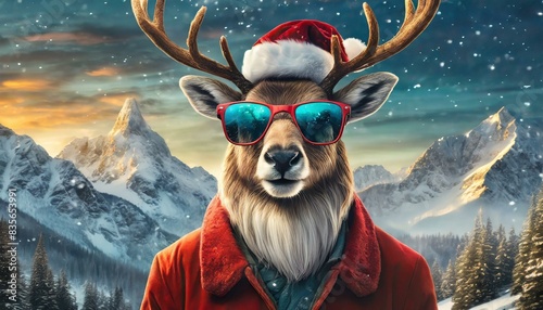 Cool hipster santa claus reindeer with sunglasses photo