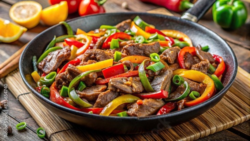Tasty beef stir-fry dish with colorful peppers and onions , beef, stir-fry, peppers, onions, colorful, vibrant, delicious, food, cooking, meal, dinner, Asian cuisine, skillet, kitchen © sompong