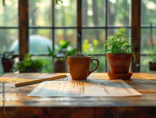 An overhead shot of a worktable with architectural plans, rulers, and a coffee cup, illustrating the meticulous nature of construction planning. The minimalist composition highlights the tools and
