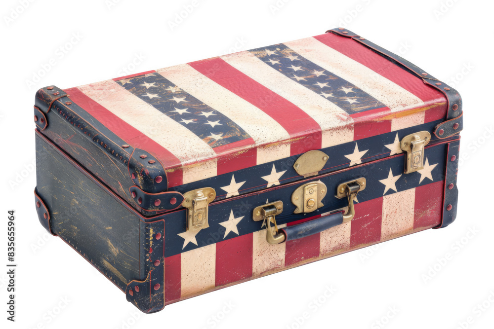 A suitcase with a red, white and blue striped design and stars on it