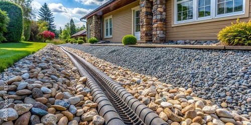 Stone and gravel installation for water drainage around a house using a French drain system , landscaping, home improvement, construction, drainage system, installation, stone pathway photo