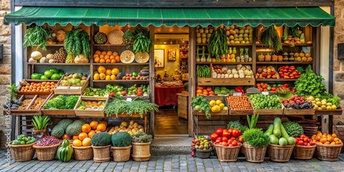 Organic vegetables and fruits shop front view with bio products, organic, vegetables, fruits, shop, window, front view, bio, products, healthy, natural, fresh, market, grocery, store photo