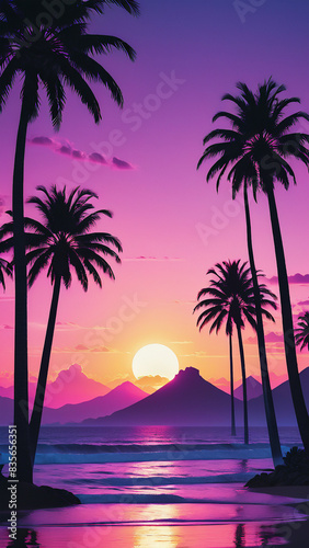 purple sunset over coconut tropic islands