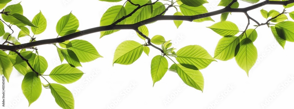 Green leaves, tree branches, white background. green leaves of cherry trees form an elegant and symmetrical composition with their bright colors against a pure white backdrop. generative AI