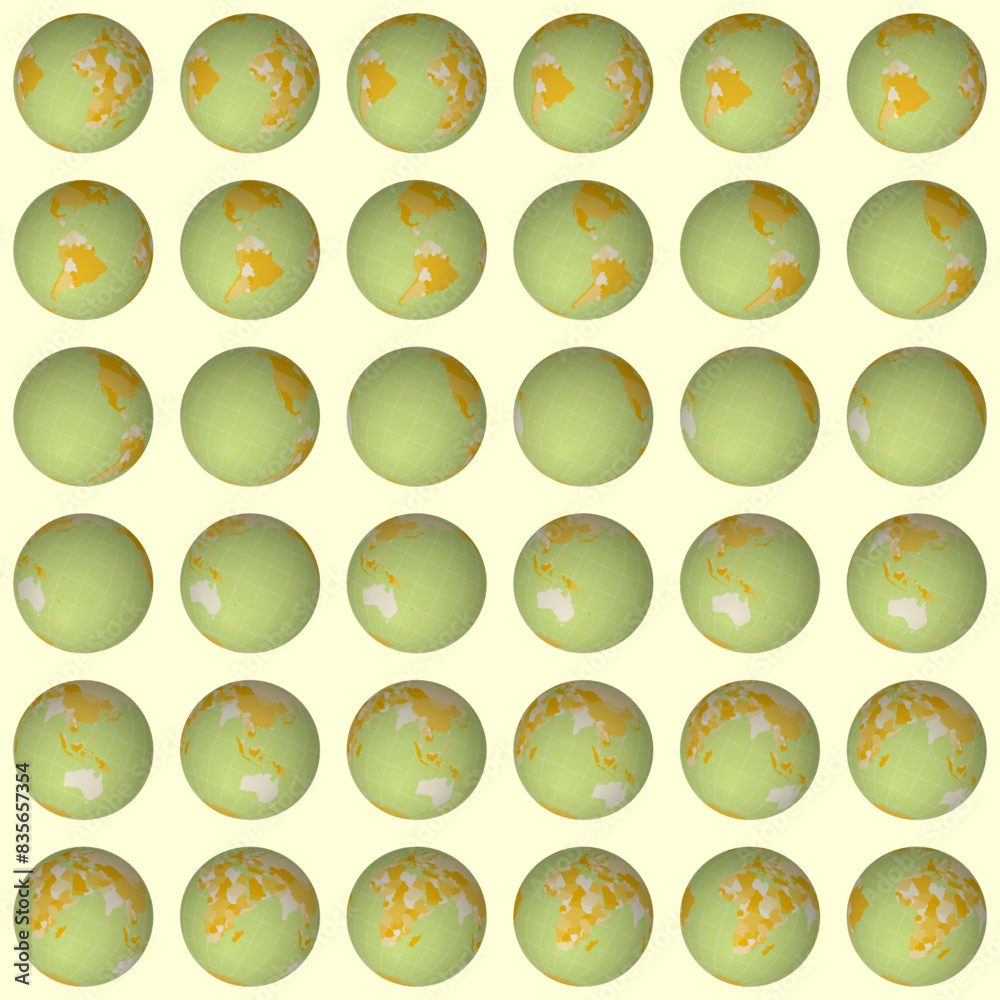 Collection of planet globes. Tilted sphere view. Rotation step 10 degrees. Colored countries style. World map with graticule lines on warm background. Outstanding vector illustration. Collection of planet globes. Tilted sphere view. Rotation step 10 degrees. Colored countries style. World map with graticule lines on warm background. Outstanding vector illustration.