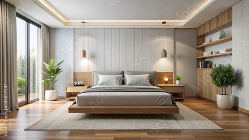 Minimalist style bedroom featuring a platform bed, minimalist, bedroom, platform bed, interior design, modern, simplicity, clean, furniture, elegant, cozy, chic, decoration, simplicity © sompong