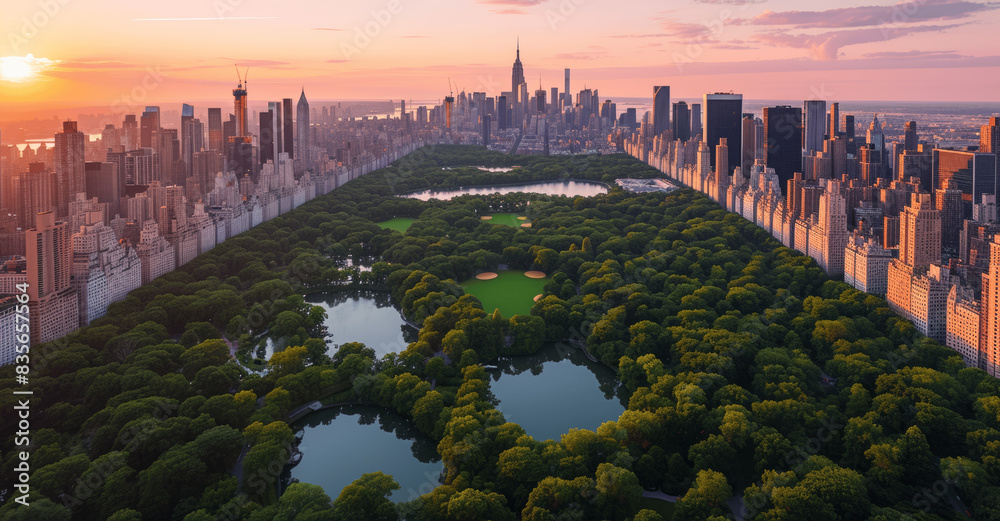 Fototapeta premium Aerial View of Central Park at Sunset, Surrounded by Manhattan Skyscrapers