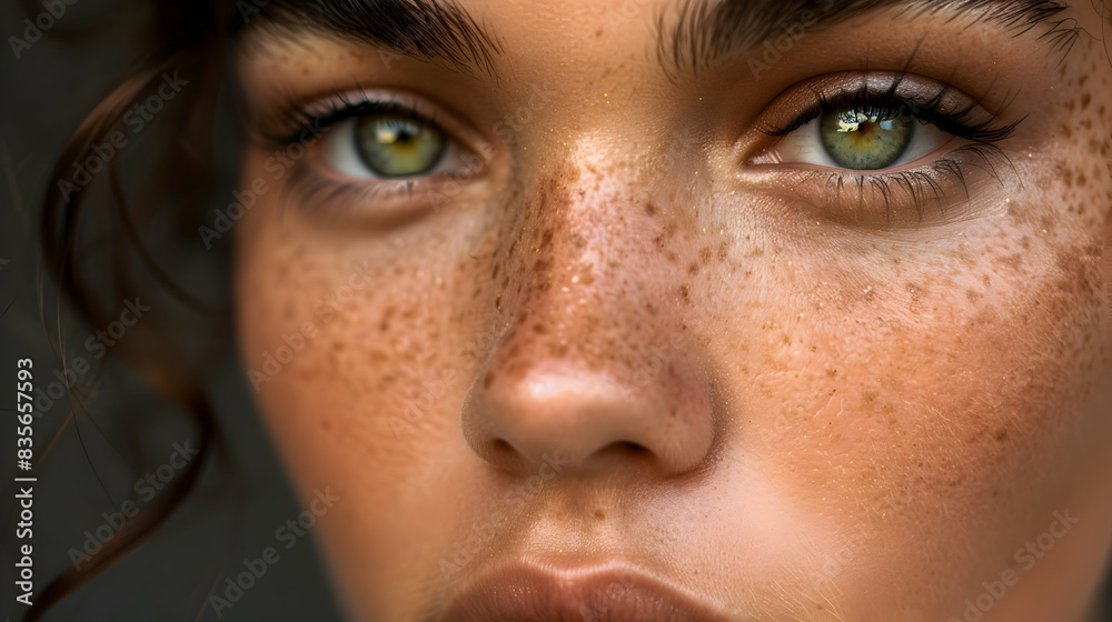 A close-up shot of a female model's face with flawless makeup and expressive eyes, captured in high detail under professional lighting A close-up shot of a female model's face with flawless makeup and expressive eyes, captured in high detail under professional lighting