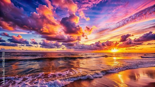 Tranquil sunset over the ocean with pink, orange, and purple hues illuminating the clouds and gentle waves lapping at the shore, coastal, sunset, horizon, clouds, sea, pink, orange, purple photo