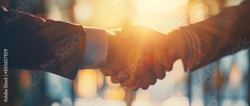 Businessmen shaking hands in the office, close up of business people handshaking photo