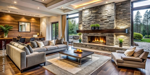 Beautiful modern living room interior with stone wall and fireplace in luxury home, modern, living room, interior, stone wall, fireplace, luxury, home, design, decor, elegant, cozy, comfortable © joompon