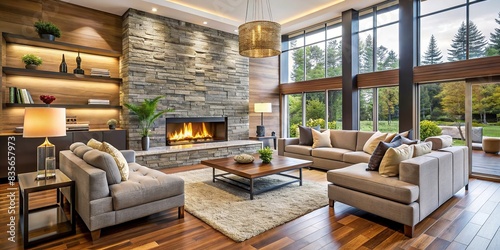 Beautiful modern living room interior with stone wall and fireplace in luxury home, modern, living room, interior, stone wall, fireplace, luxury, home, design, decor, elegant, cozy, comfortable