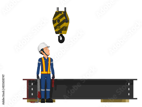 worker is holding chain sling with crane block