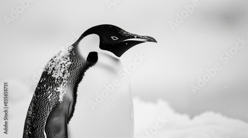 A black and white close-up photograph of an emperor penguin  capturing the detailed textures of its feathers and the dignified expression of the bird in its icy environment