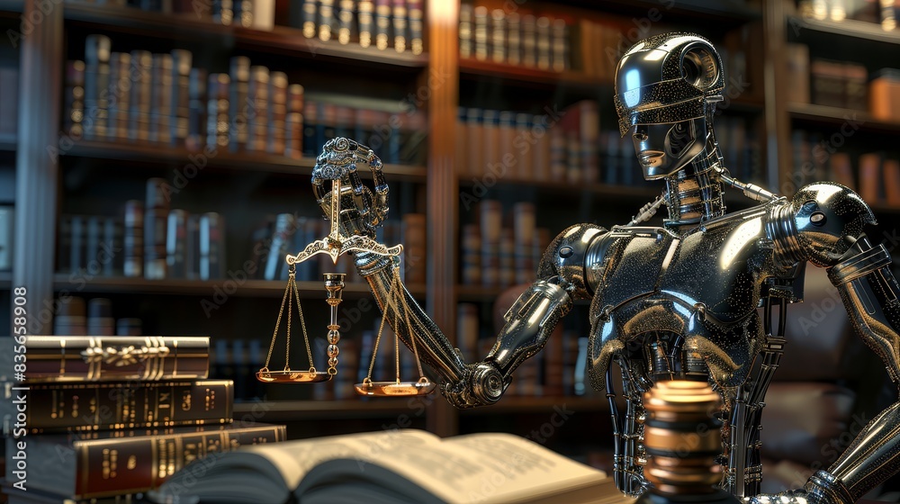 Robot holding scales of justice in library - 3D  scene of a robot holding the scales of justice in a library