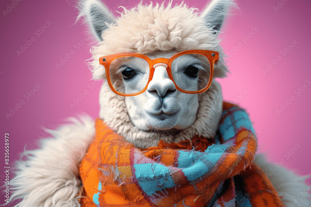 Fototapeta premium Stylish Alpaca in Glamorous Fashion Outfit with Orange Glasses on Pink