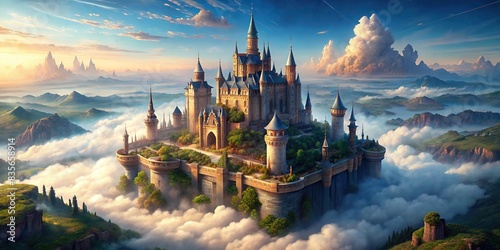 Top view of a fantasy castle floating in a skyhigh kingdom, featuring a scifi tone and analogous color scheme , fantasy, castle, floating, sky, kingdom, scifi, top view,fantasy, skyhigh photo