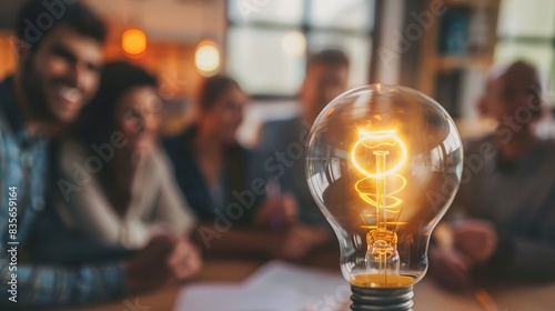 Glowing light bulb in a business meeting - A clear light bulb glows brightly in a blurred background of a business brainstorming session, symbolizing ideas and innovation