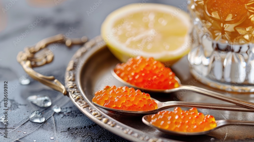 Tray holding two spoons of red caviar a glass of vodka and a slice of lemon Tray holding two spoons of red caviar a glass of vodka and a slice of lemon
