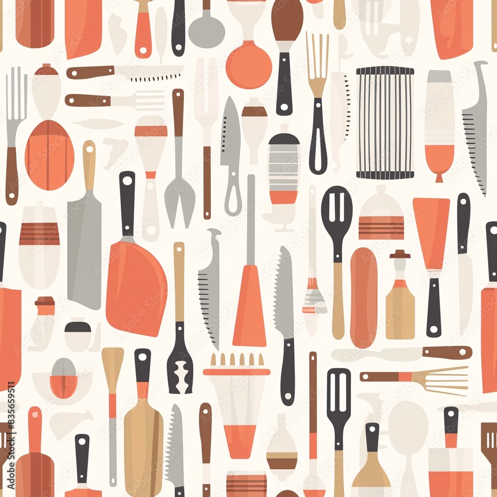 A seamless pattern of various cooking utensils including knives, ladles, and cutting boards, harmoniously intertwined for a continuous layout A seamless pattern of various cooking utensils including knives, ladles, and cutting boards, harmoniously intertwined for a continuous layout